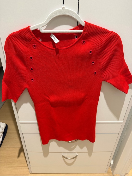 Akris Punto Tops - Akris Punto Red Short Sleeve Ribbed Top with Eyelet Accents